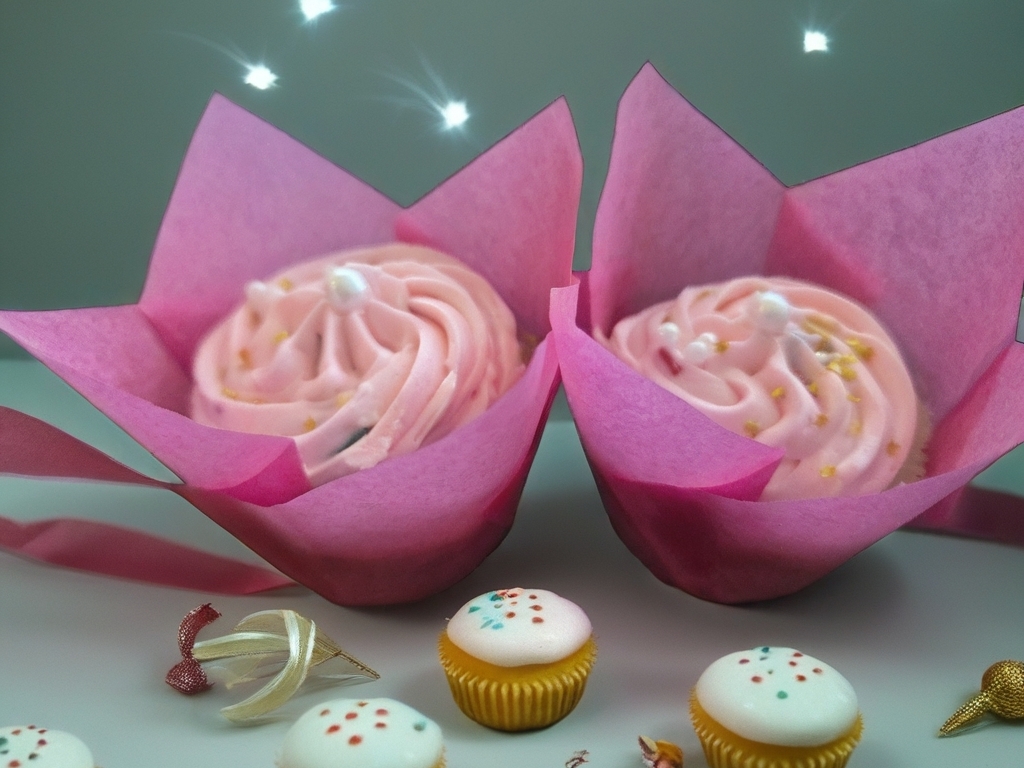 Two sparkling pink frosted cupcakes in tall pink tulip liners